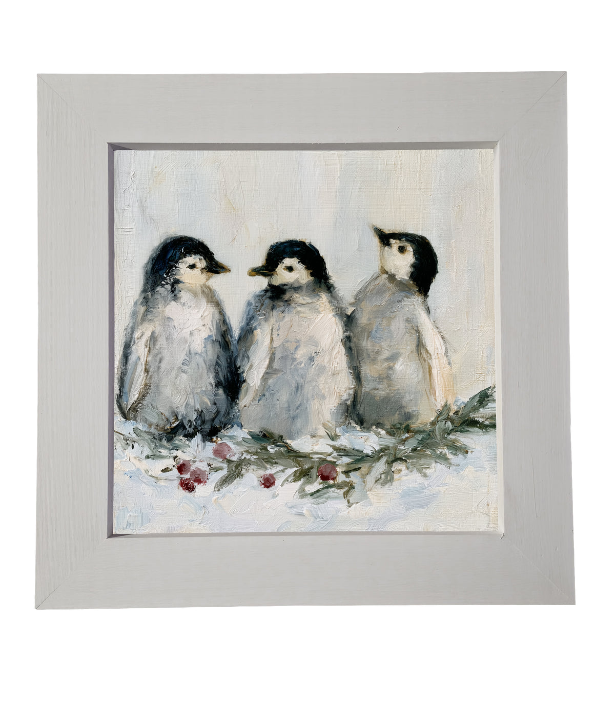 three small penguins standing close together in a rustic winter scene — product view 7