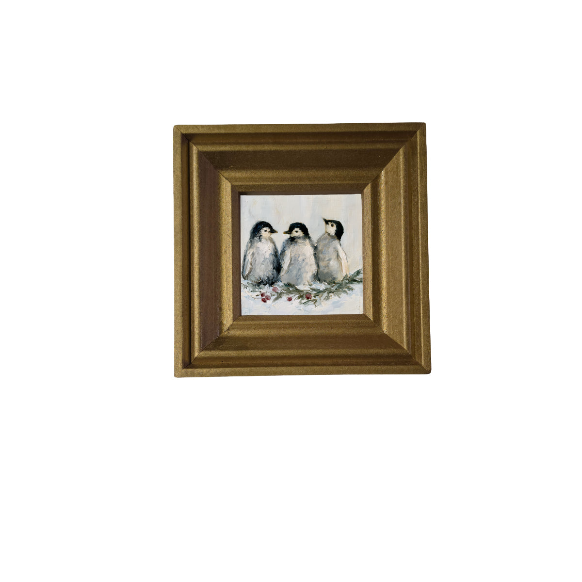 three small penguins standing close together in a rustic winter scene — product view 2