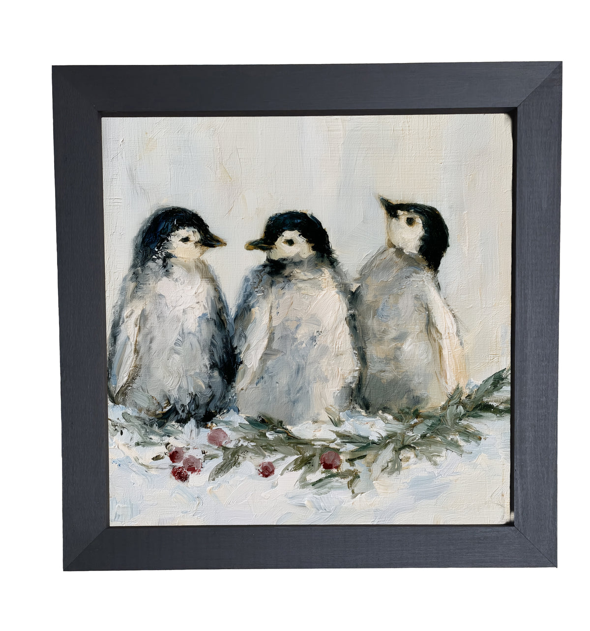 three small penguins standing close together in a rustic winter scene — product view 10
