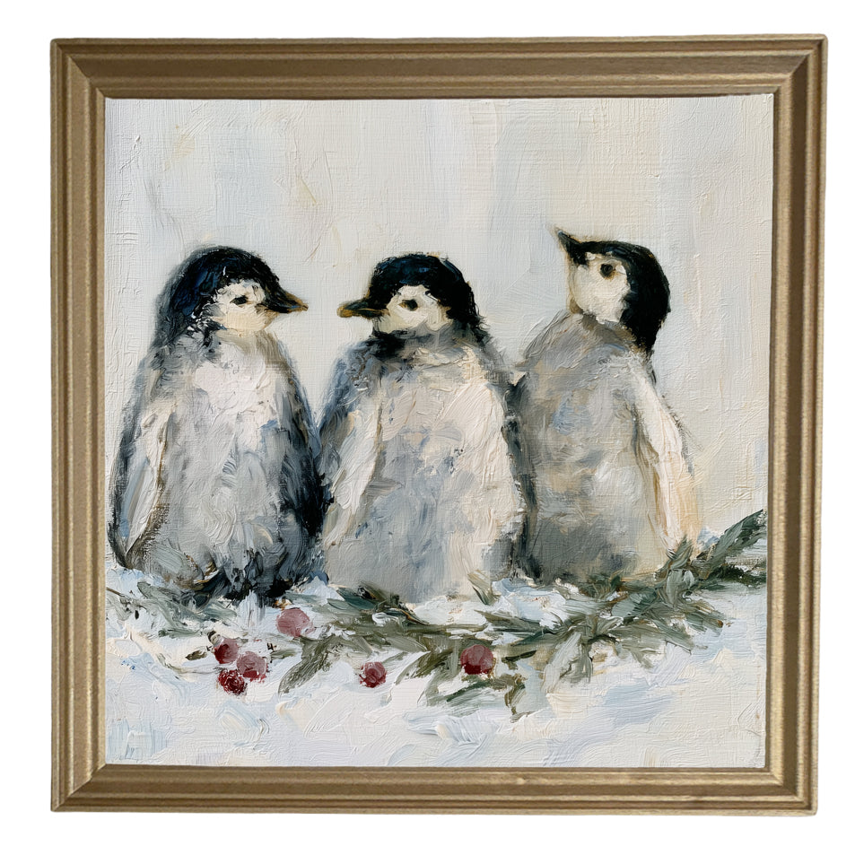 three small penguins standing close together in a rustic winter scene — product view 8