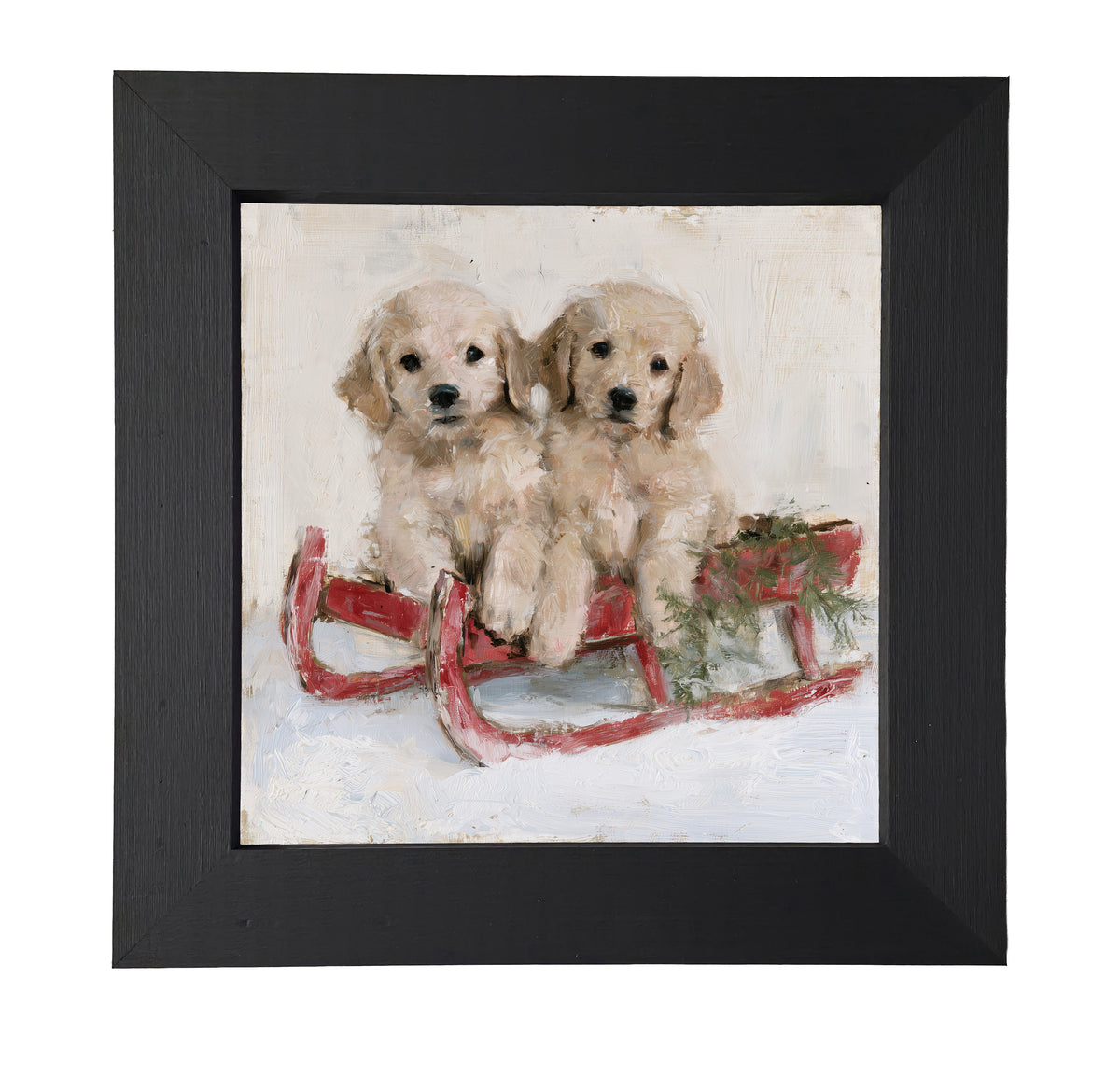 Two golden retriever puppies sitting side by side in a rustic farmhouse setting, framed wall art — product view 7