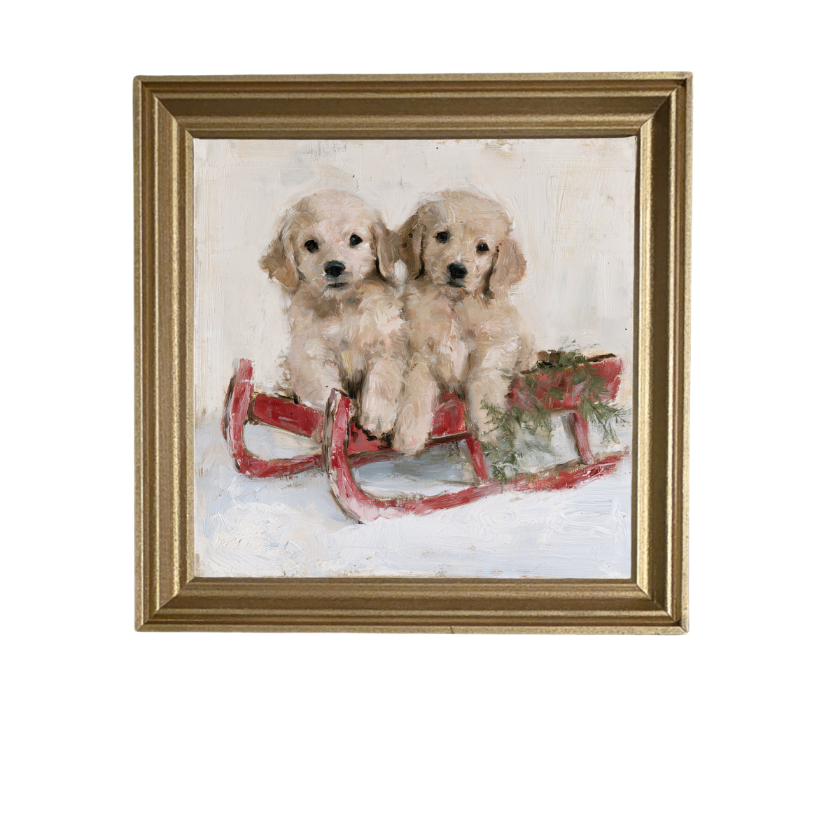 Two golden retriever puppies sitting side by side in a rustic farmhouse setting, framed wall art