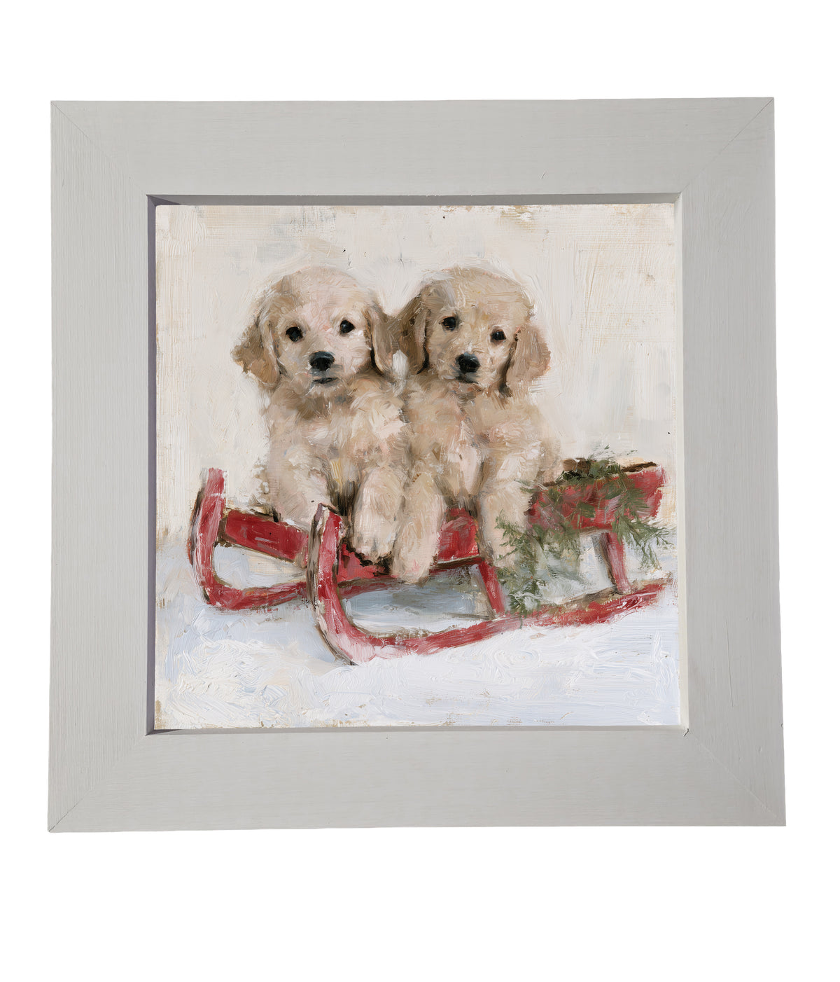 Two golden retriever puppies sitting side by side in a rustic farmhouse setting, framed wall art — product view 6