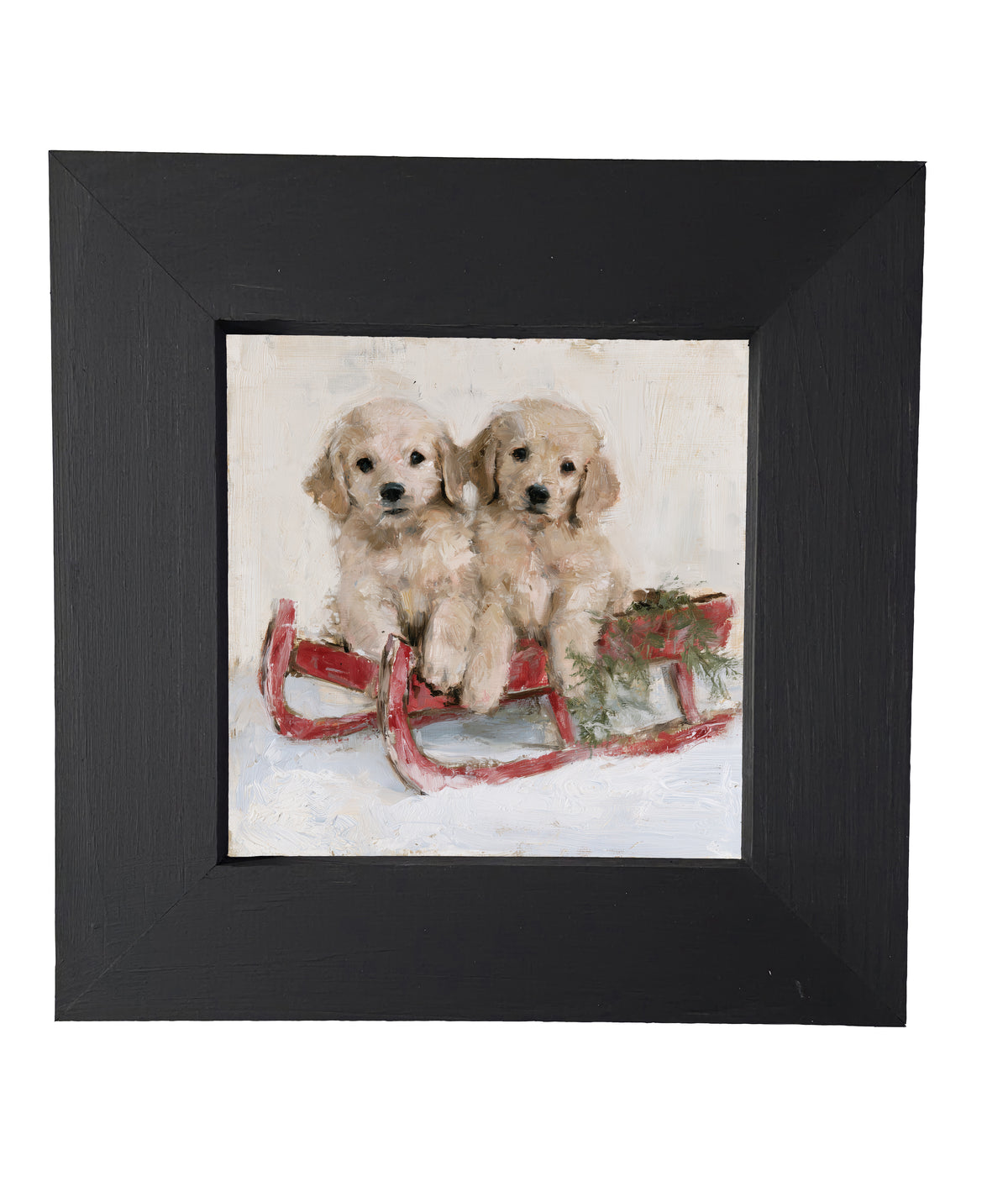 Two golden retriever puppies sitting side by side in a rustic farmhouse setting, framed wall art — product view 5
