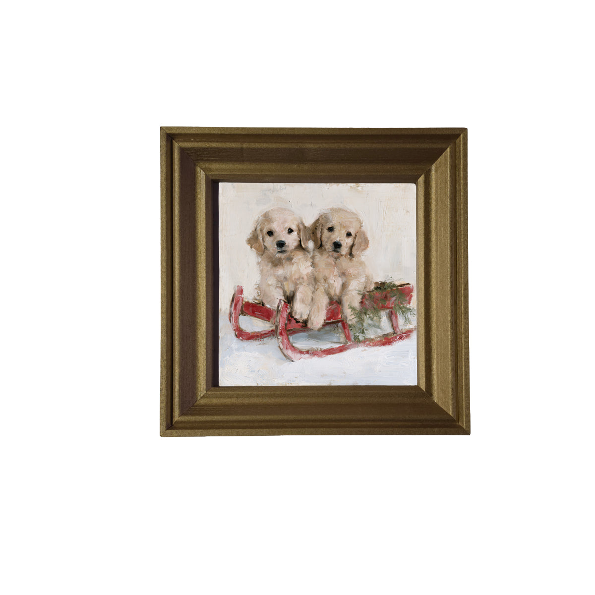 Two golden retriever puppies sitting side by side in a rustic farmhouse setting, framed wall art — product view 3
