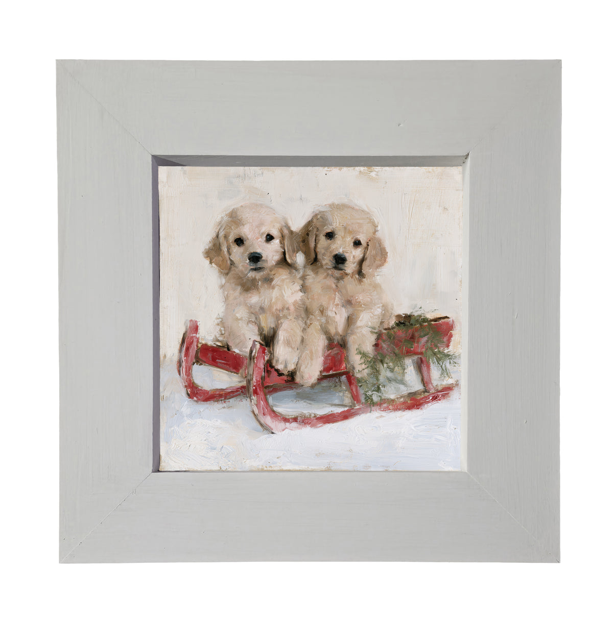 Two golden retriever puppies sitting side by side in a rustic farmhouse setting, framed wall art — product view 4