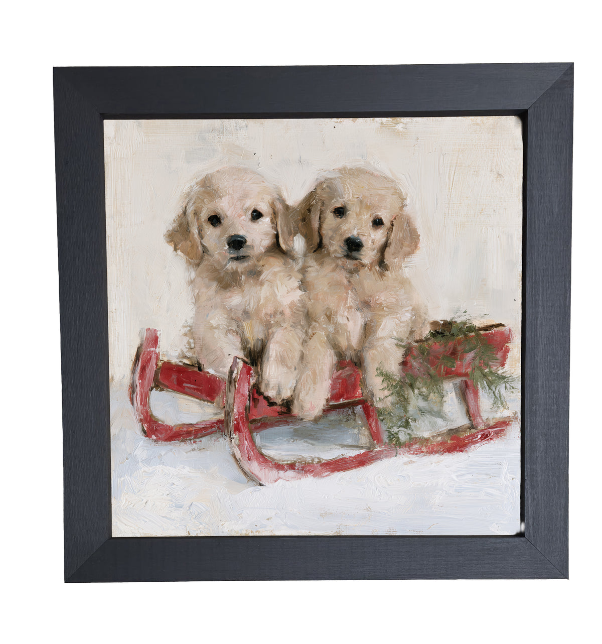Two golden retriever puppies sitting side by side in a rustic farmhouse setting, framed wall art — product view 10