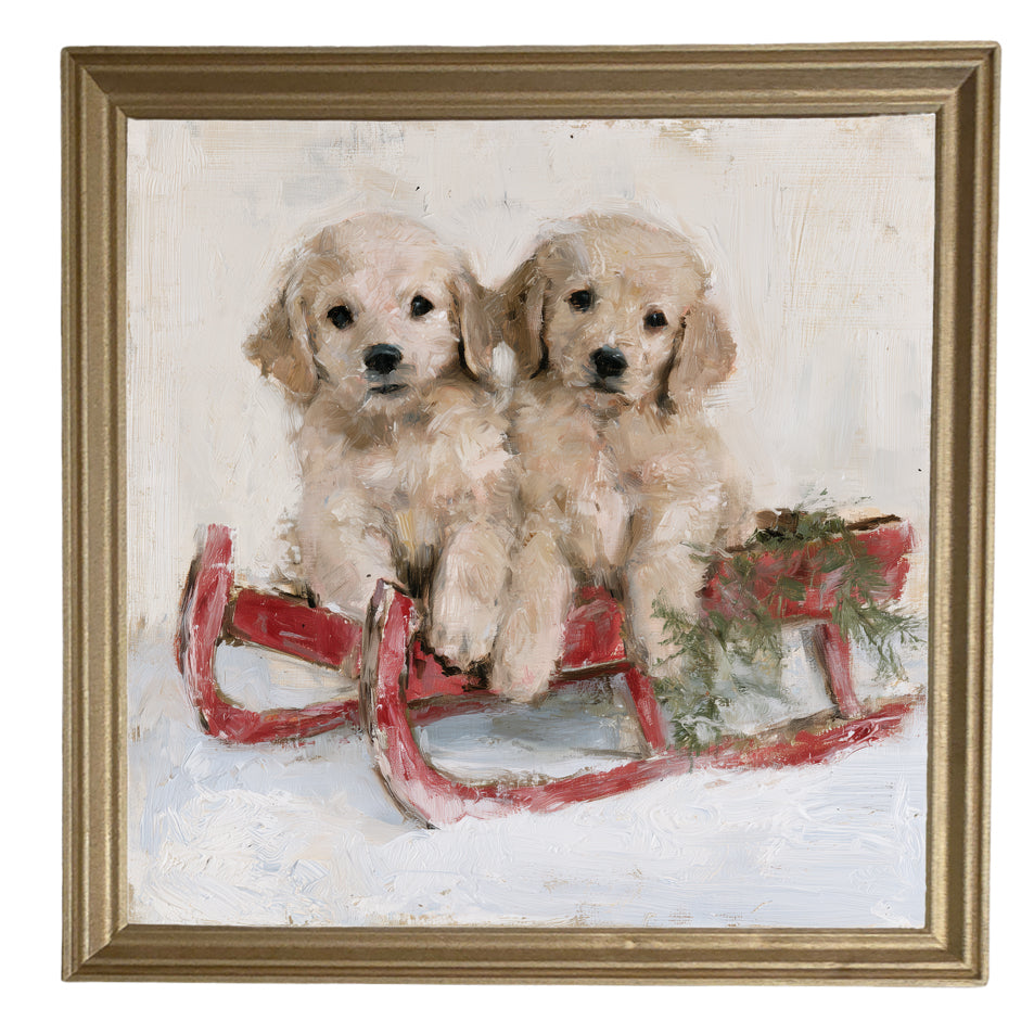 Two golden retriever puppies sitting side by side in a rustic farmhouse setting, framed wall art — product view 8