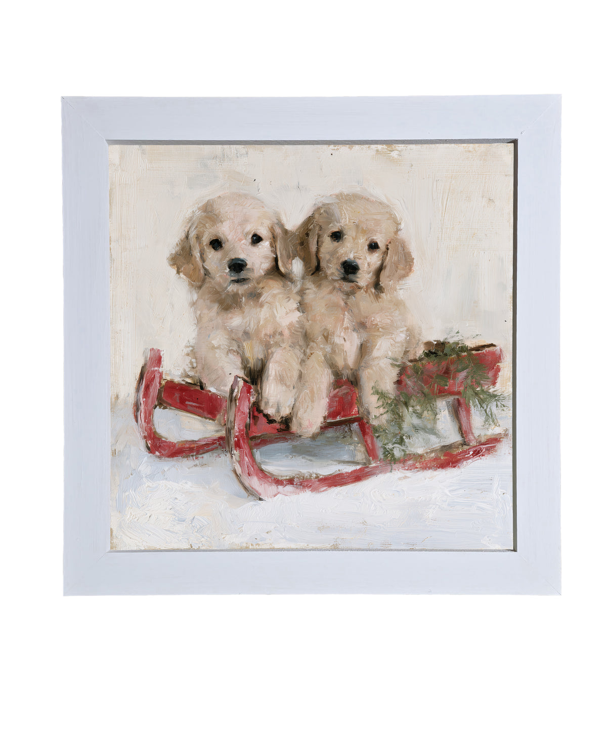 Two golden retriever puppies sitting side by side in a rustic farmhouse setting, framed wall art — product view 9