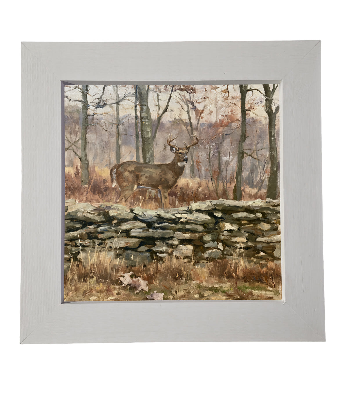 traditional oil painting with loose, restrained brushwork in neutral and gold tones, framed for farmhouse decor