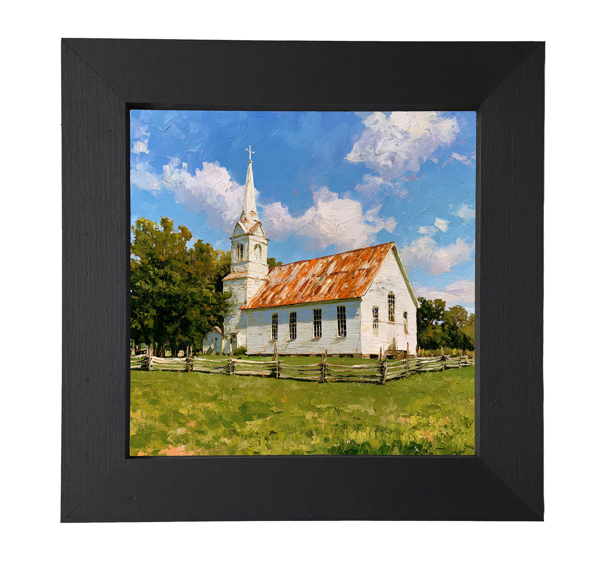 Rustic painting of a white country church with a rusted roof and steeple, surrounded by trees and a wooden fence in a grassy field. — product view 7