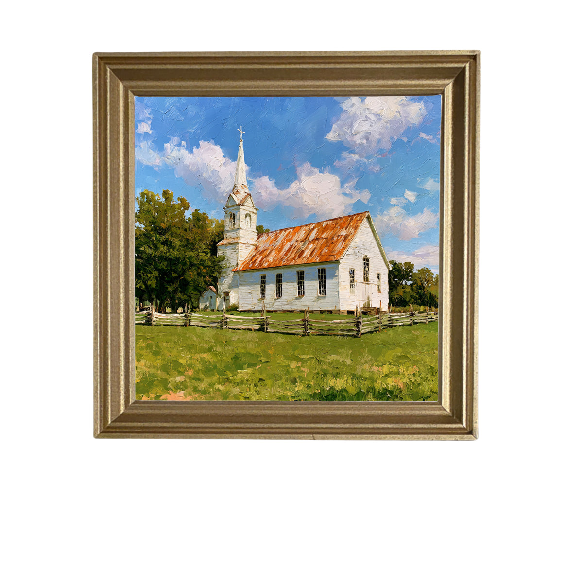 Rustic painting of a white country church with a rusted roof and steeple, surrounded by trees and a wooden fence in a grassy field. — product view 5