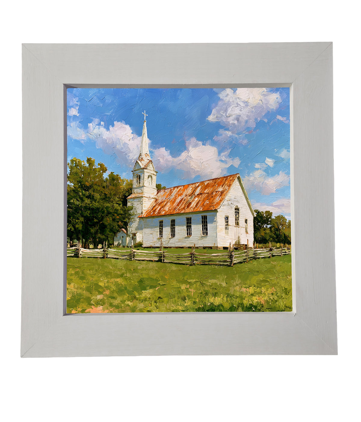 Rustic painting of a white country church with a rusted roof and steeple, surrounded by trees and a wooden fence in a grassy field. — product view 6
