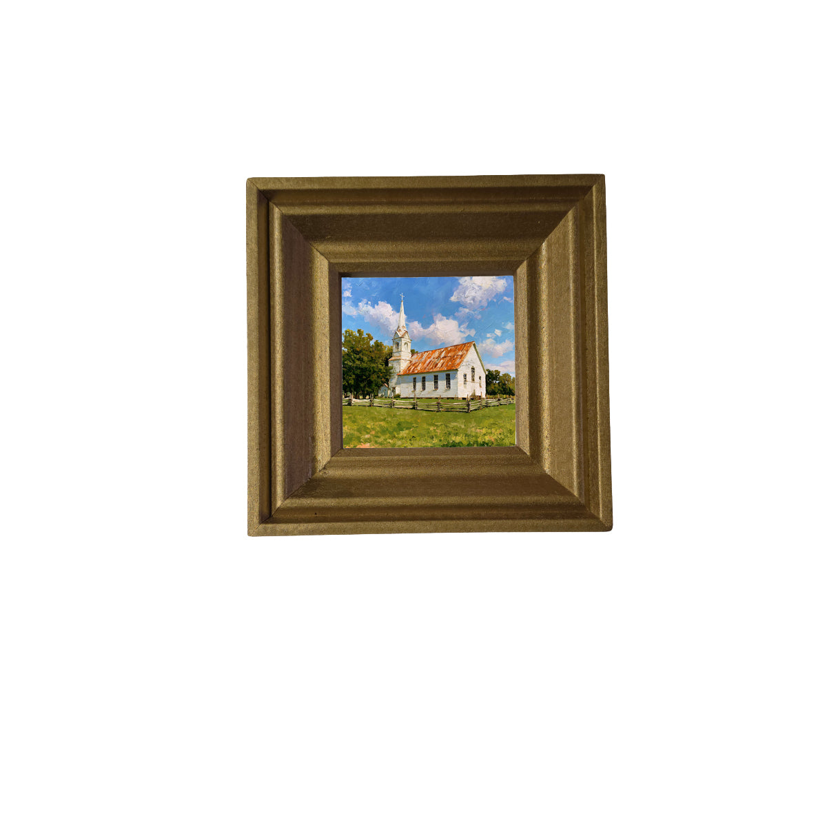 Rustic painting of a white country church with a rusted roof and steeple, surrounded by trees and a wooden fence in a grassy field.