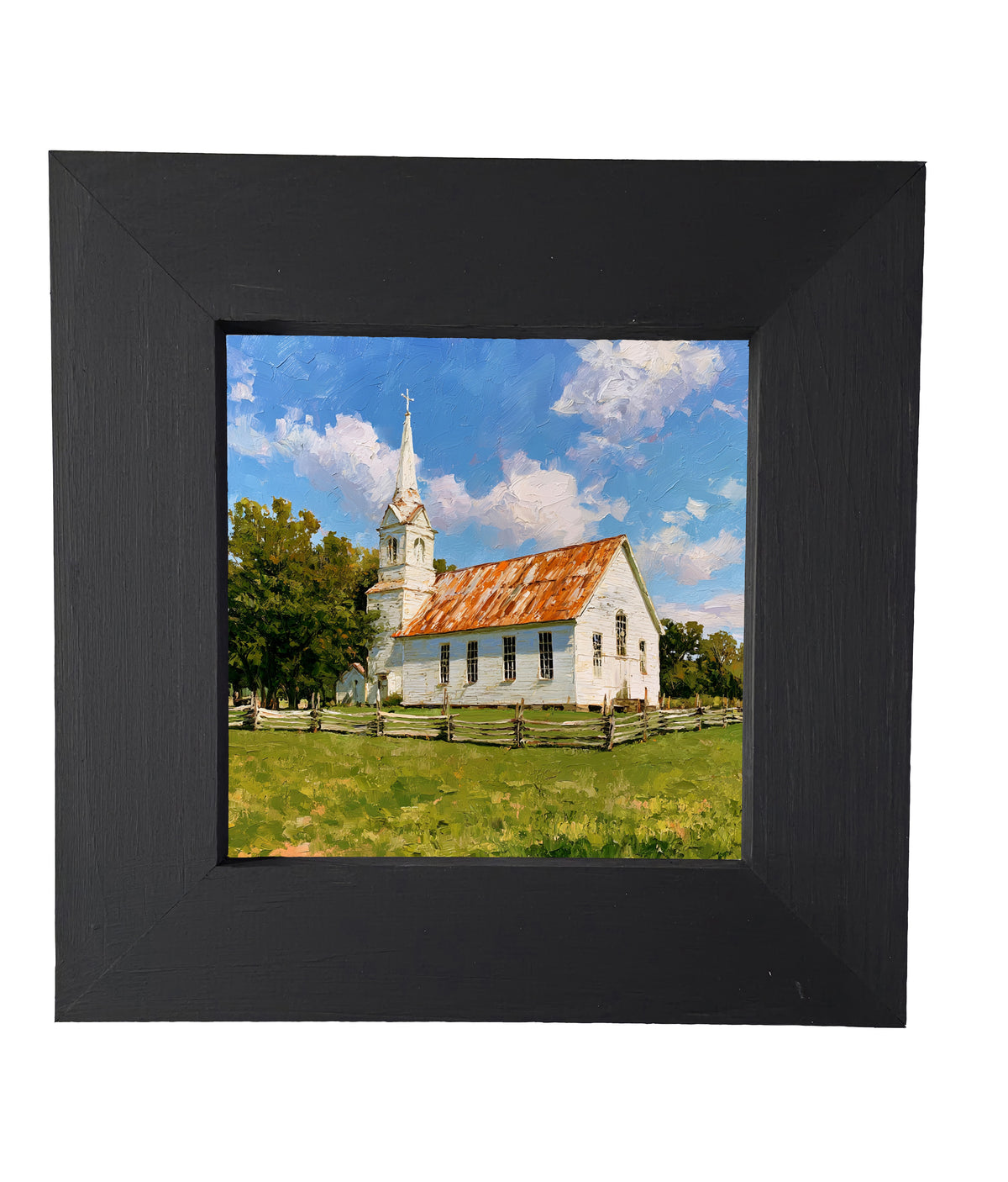 Rustic painting of a white country church with a rusted roof and steeple, surrounded by trees and a wooden fence in a grassy field. — product view 4