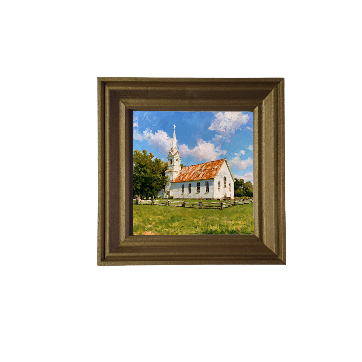 Rustic painting of a white country church with a rusted roof and steeple, surrounded by trees and a wooden fence in a grassy field. — product view 2
