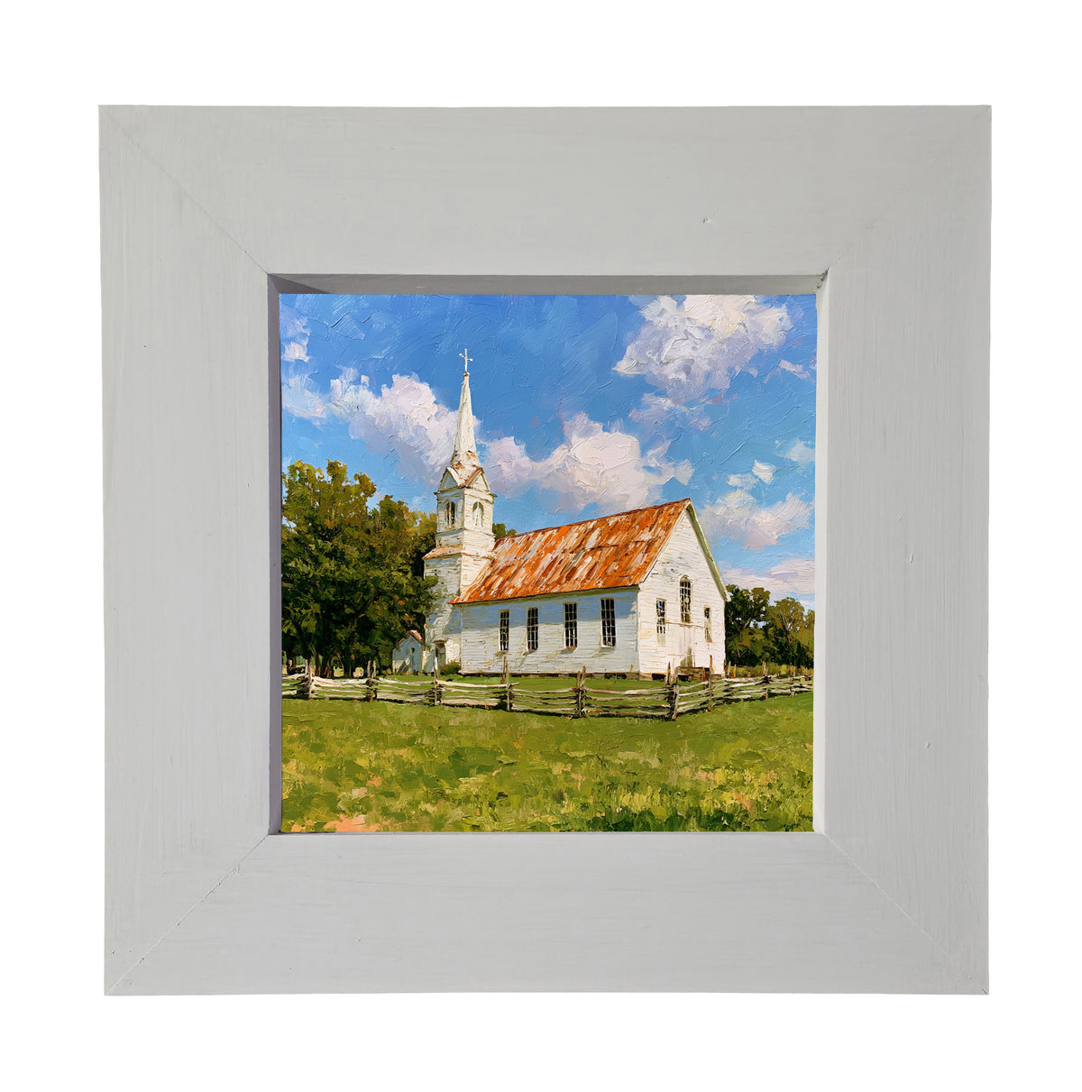 Rustic painting of a white country church with a rusted roof and steeple, surrounded by trees and a wooden fence in a grassy field. — product view 3