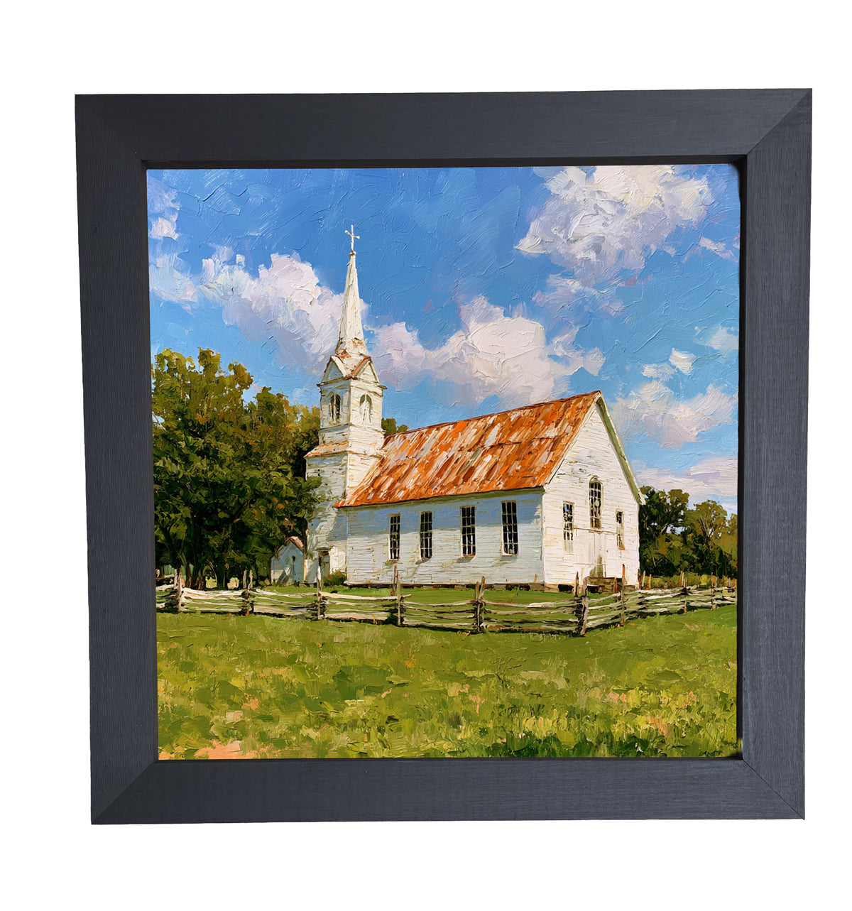 Rustic painting of a white country church with a rusted roof and steeple, surrounded by trees and a wooden fence in a grassy field. — product view 10