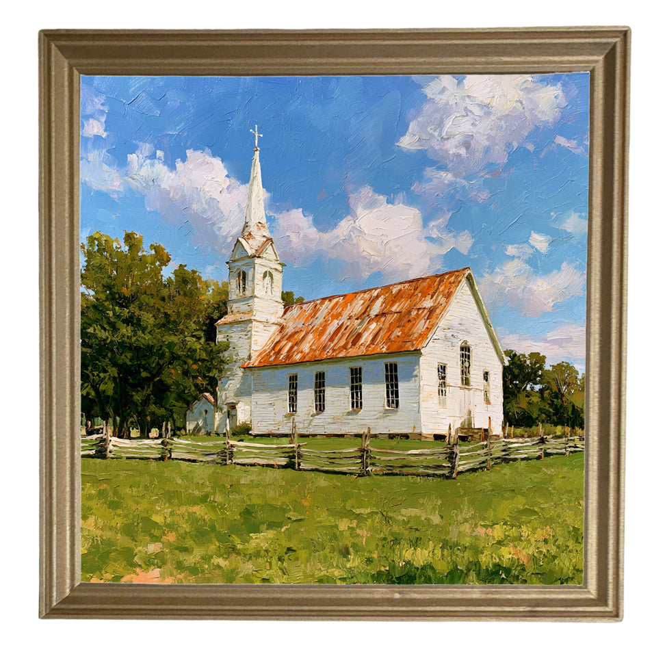 Rustic painting of a white country church with a rusted roof and steeple, surrounded by trees and a wooden fence in a grassy field. — product view 8