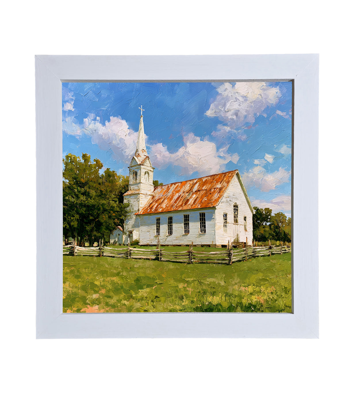 Rustic painting of a white country church with a rusted roof and steeple, surrounded by trees and a wooden fence in a grassy field. — product view 9