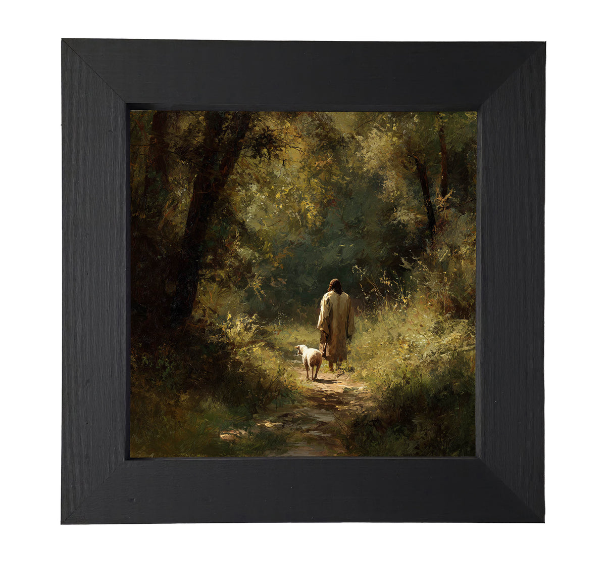 A shepherd walks with a lamb along a sunlit forest path in earthy, painterly tones. — product view 7