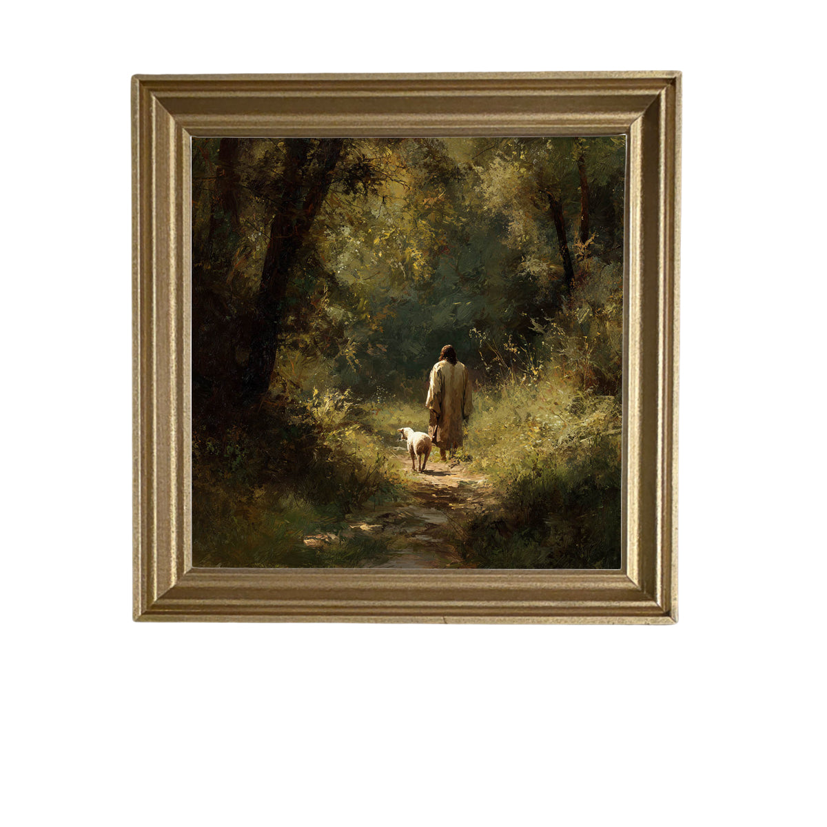 A shepherd walks with a lamb along a sunlit forest path in earthy, painterly tones.