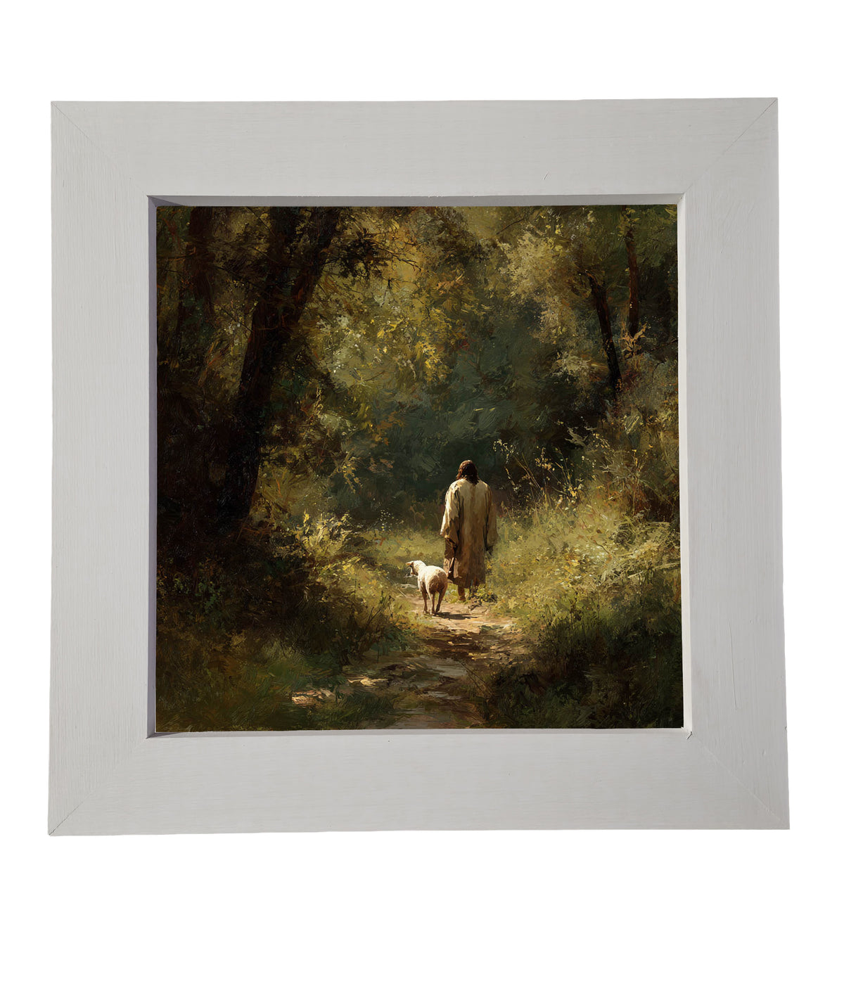A shepherd walks with a lamb along a sunlit forest path in earthy, painterly tones. — product view 6