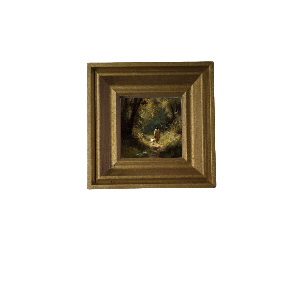 A shepherd walks with a lamb along a sunlit forest path in earthy, painterly tones. — product view 2