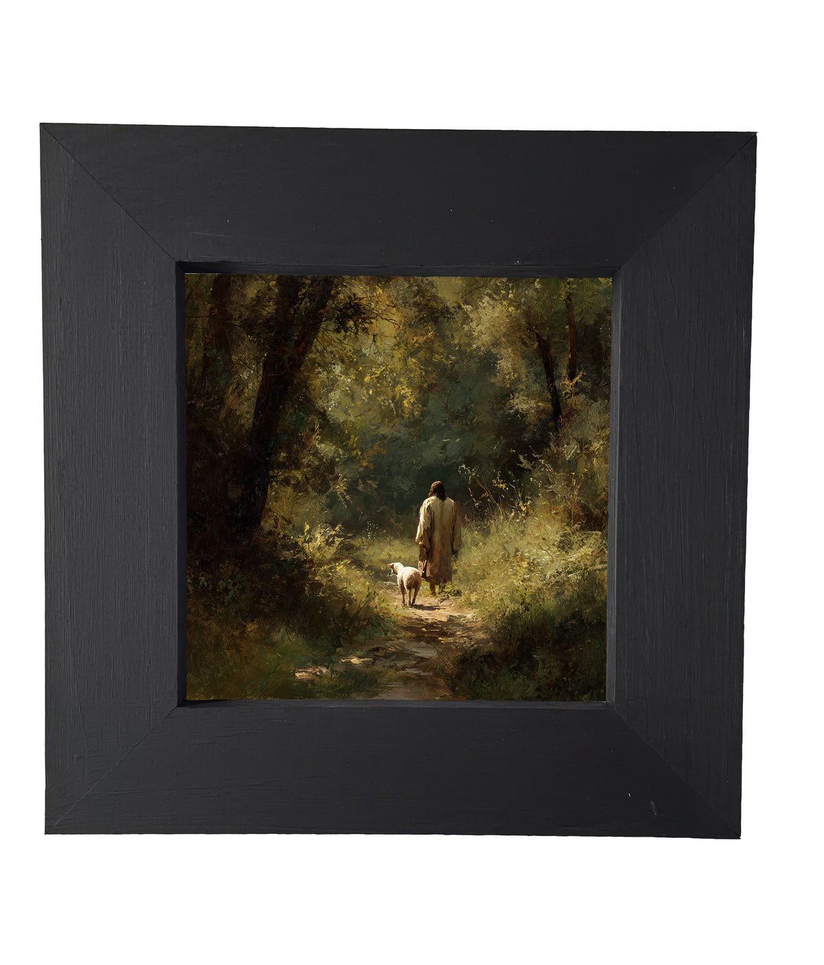 A shepherd walks with a lamb along a sunlit forest path in earthy, painterly tones. — product view 5