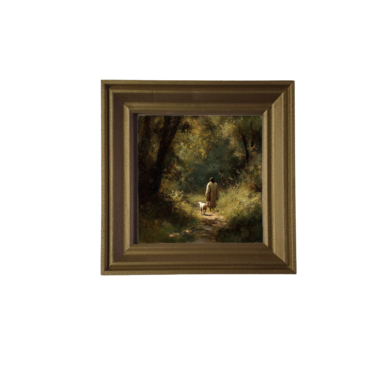 A shepherd walks with a lamb along a sunlit forest path in earthy, painterly tones. — product view 3