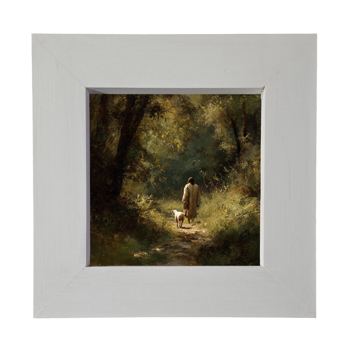 A shepherd walks with a lamb along a sunlit forest path in earthy, painterly tones. — product view 4