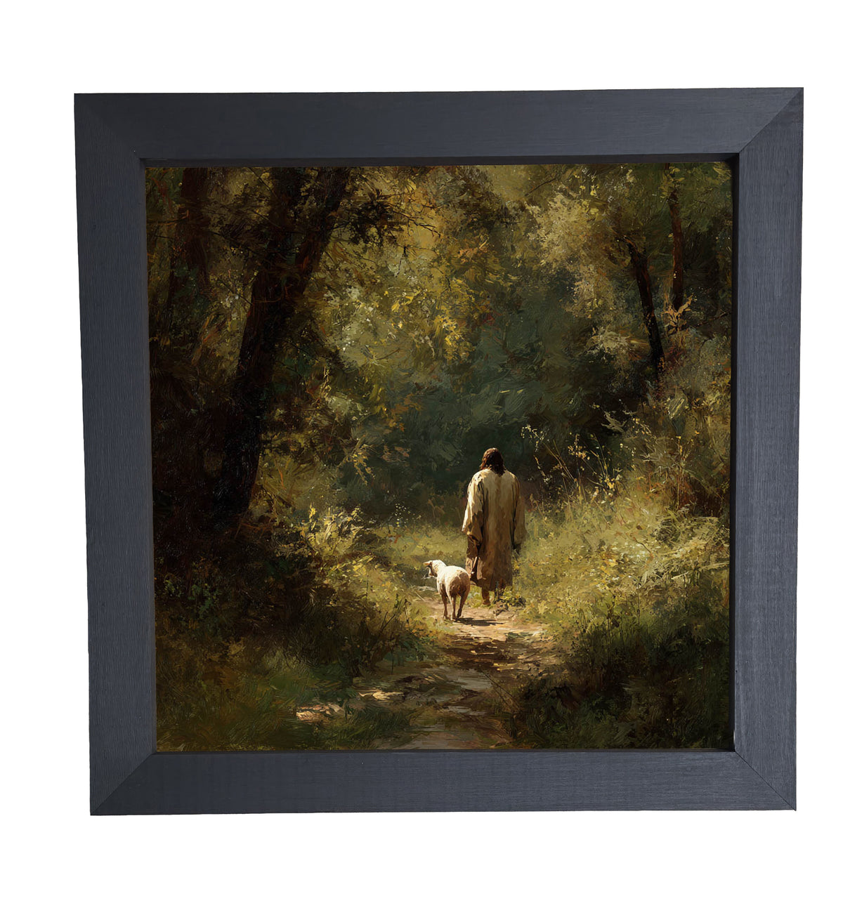 A shepherd walks with a lamb along a sunlit forest path in earthy, painterly tones. — product view 10