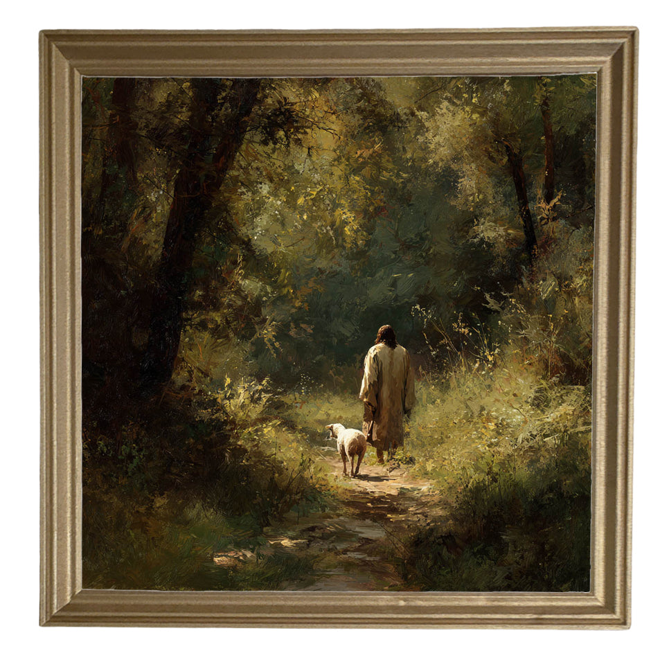 A shepherd walks with a lamb along a sunlit forest path in earthy, painterly tones. — product view 8