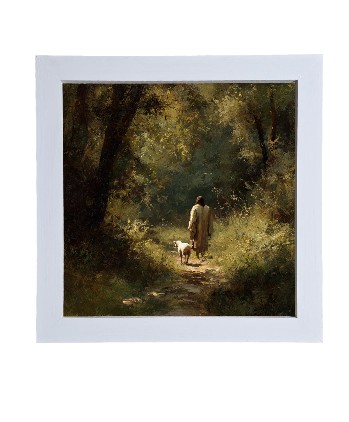 A shepherd walks with a lamb along a sunlit forest path in earthy, painterly tones. — product view 9