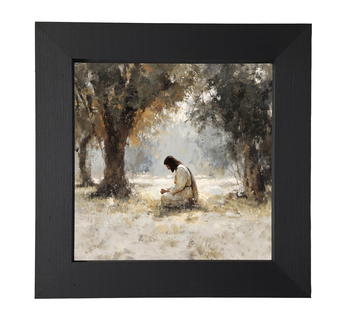 Serene painterly scene of Jesus kneeling in contemplation beneath olive trees in earth tones — product view 7