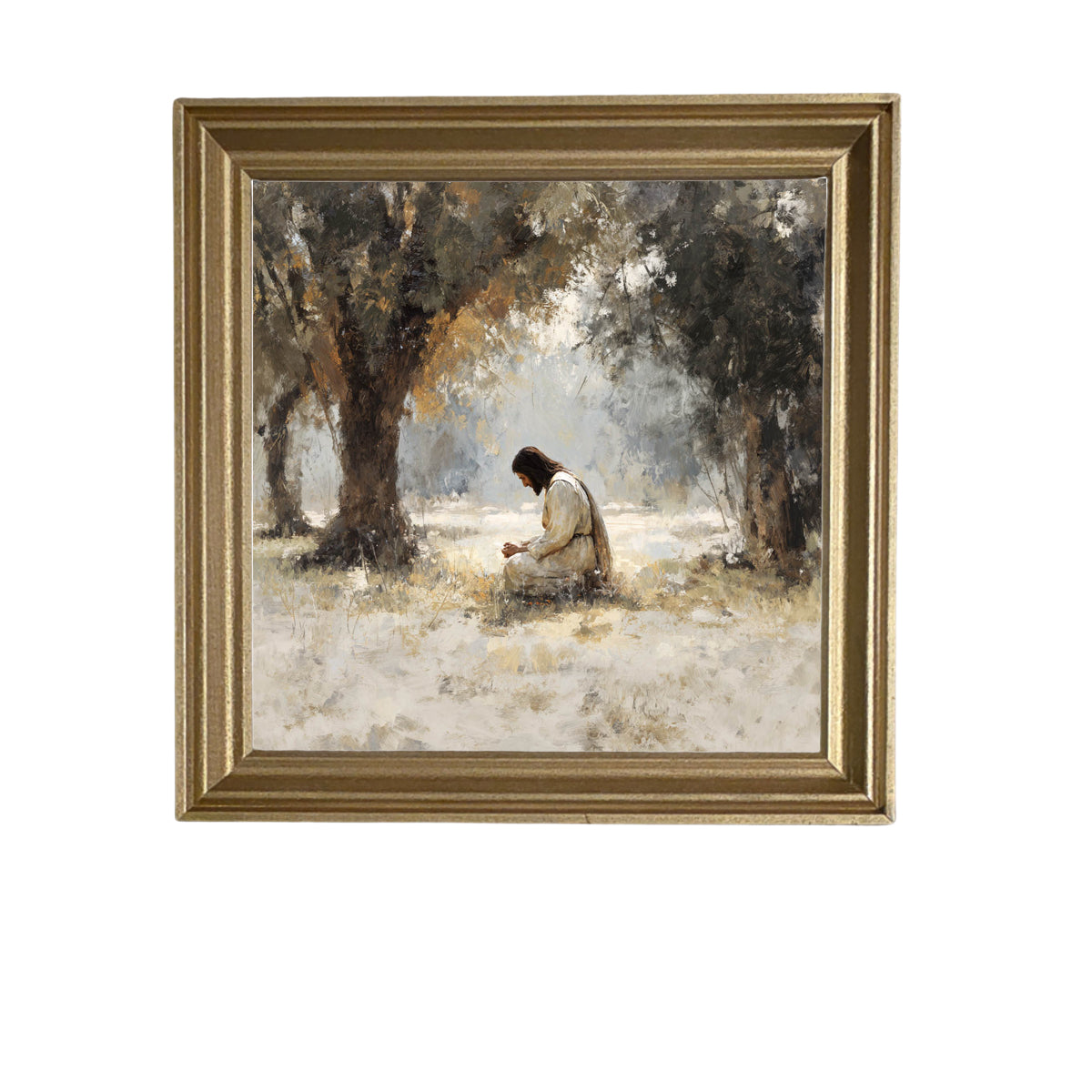 Serene painterly scene of Jesus kneeling in contemplation beneath olive trees in earth tones — product view 5