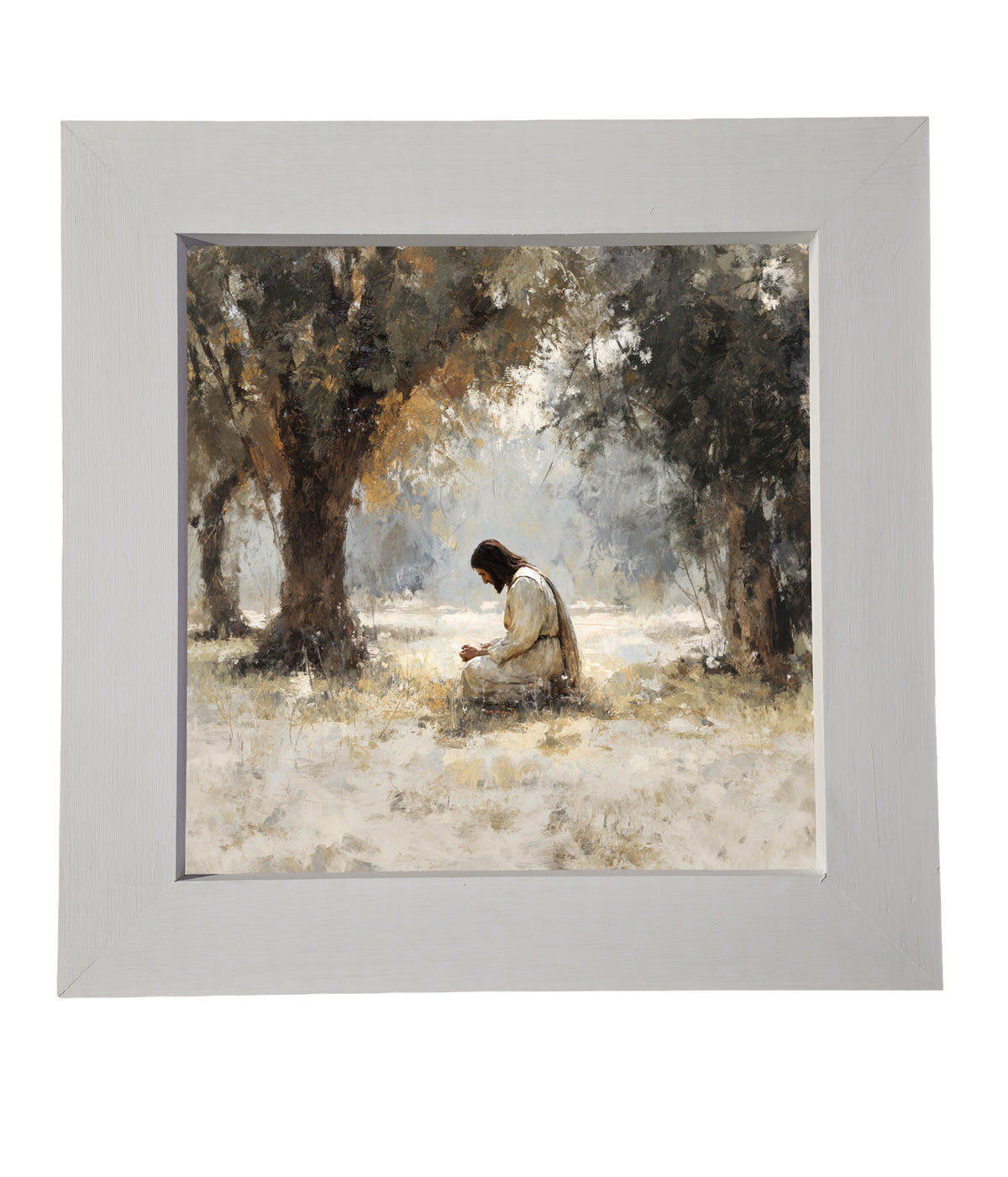 Serene painterly scene of Jesus kneeling in contemplation beneath olive trees in earth tones — product view 6