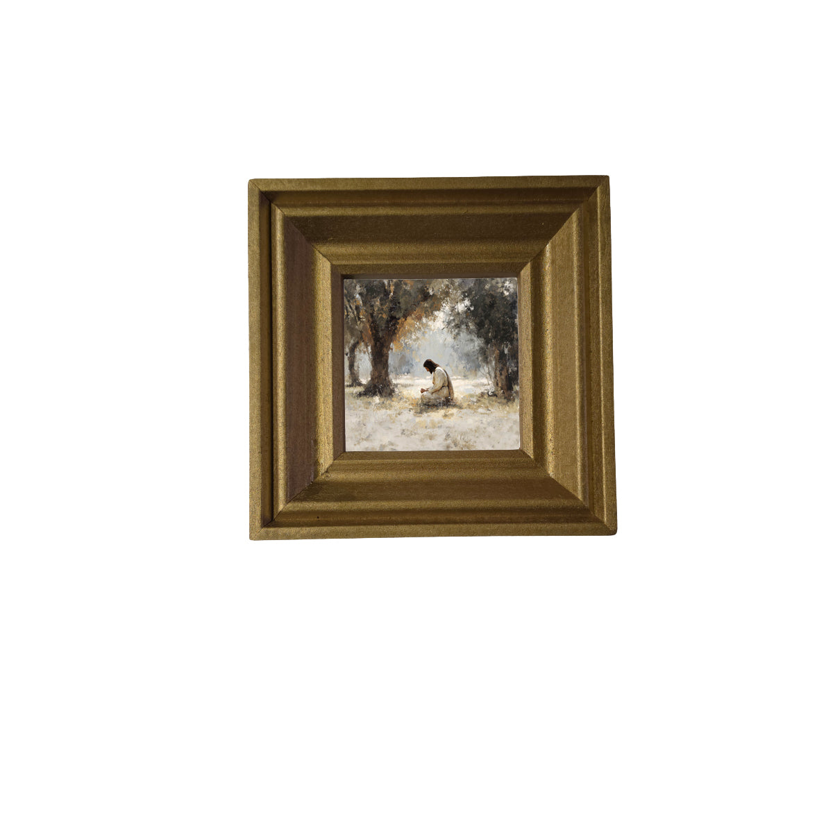 Serene painterly scene of Jesus kneeling in contemplation beneath olive trees in earth tones