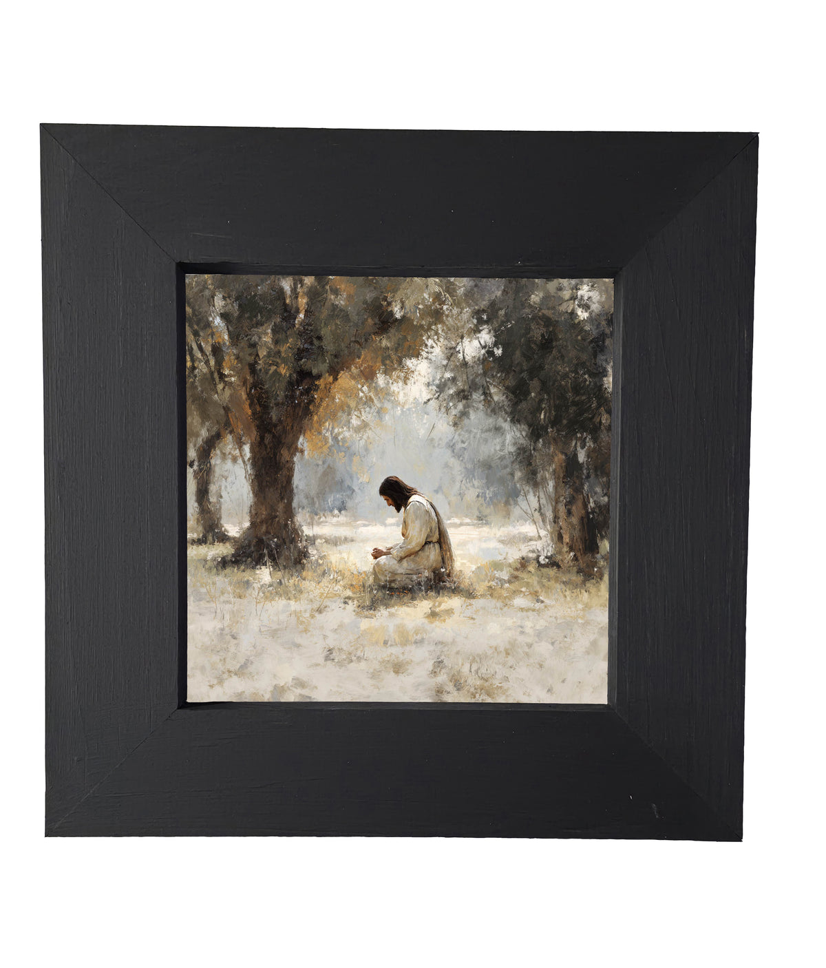 Serene painterly scene of Jesus kneeling in contemplation beneath olive trees in earth tones — product view 4