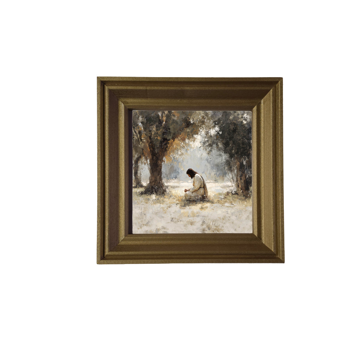 Serene painterly scene of Jesus kneeling in contemplation beneath olive trees in earth tones — product view 2