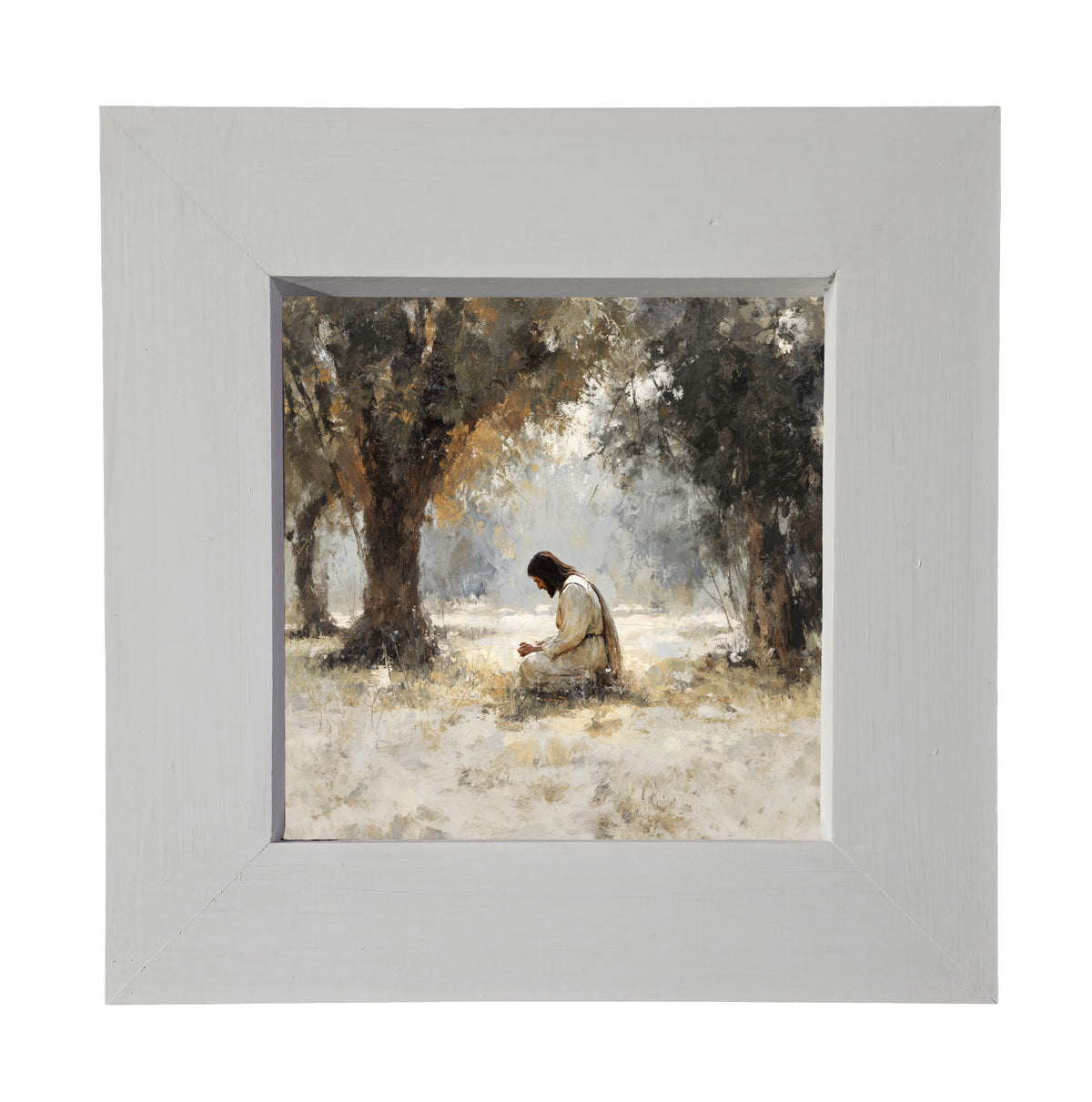Serene painterly scene of Jesus kneeling in contemplation beneath olive trees in earth tones — product view 3