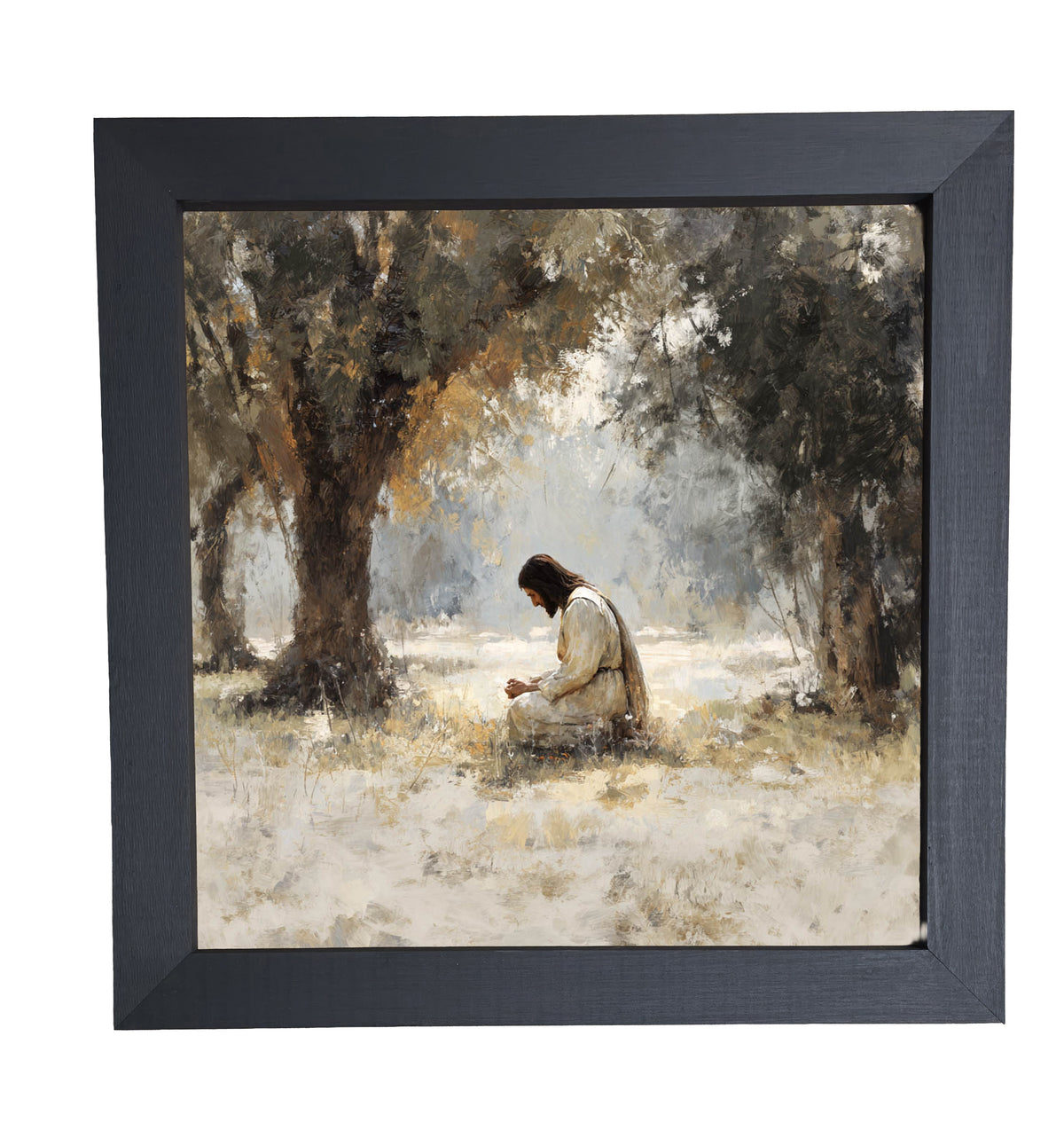 Serene painterly scene of Jesus kneeling in contemplation beneath olive trees in earth tones — product view 10