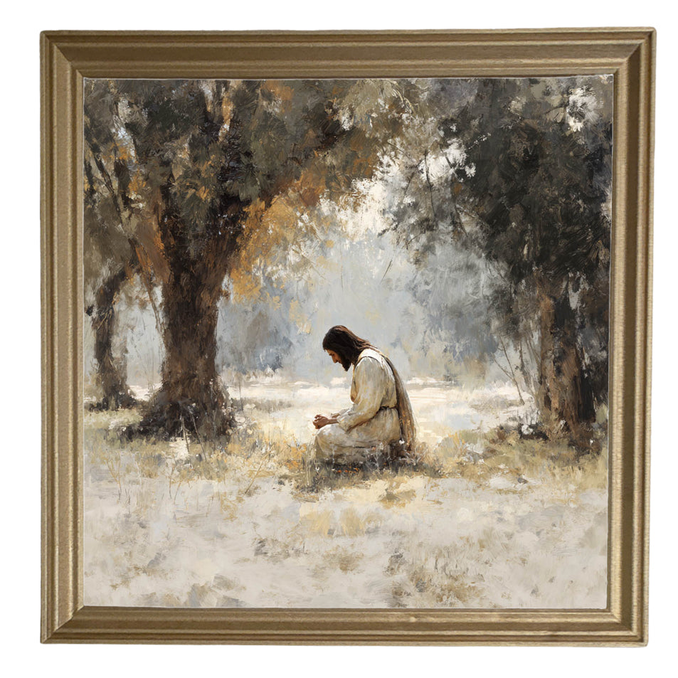 Serene painterly scene of Jesus kneeling in contemplation beneath olive trees in earth tones — product view 8