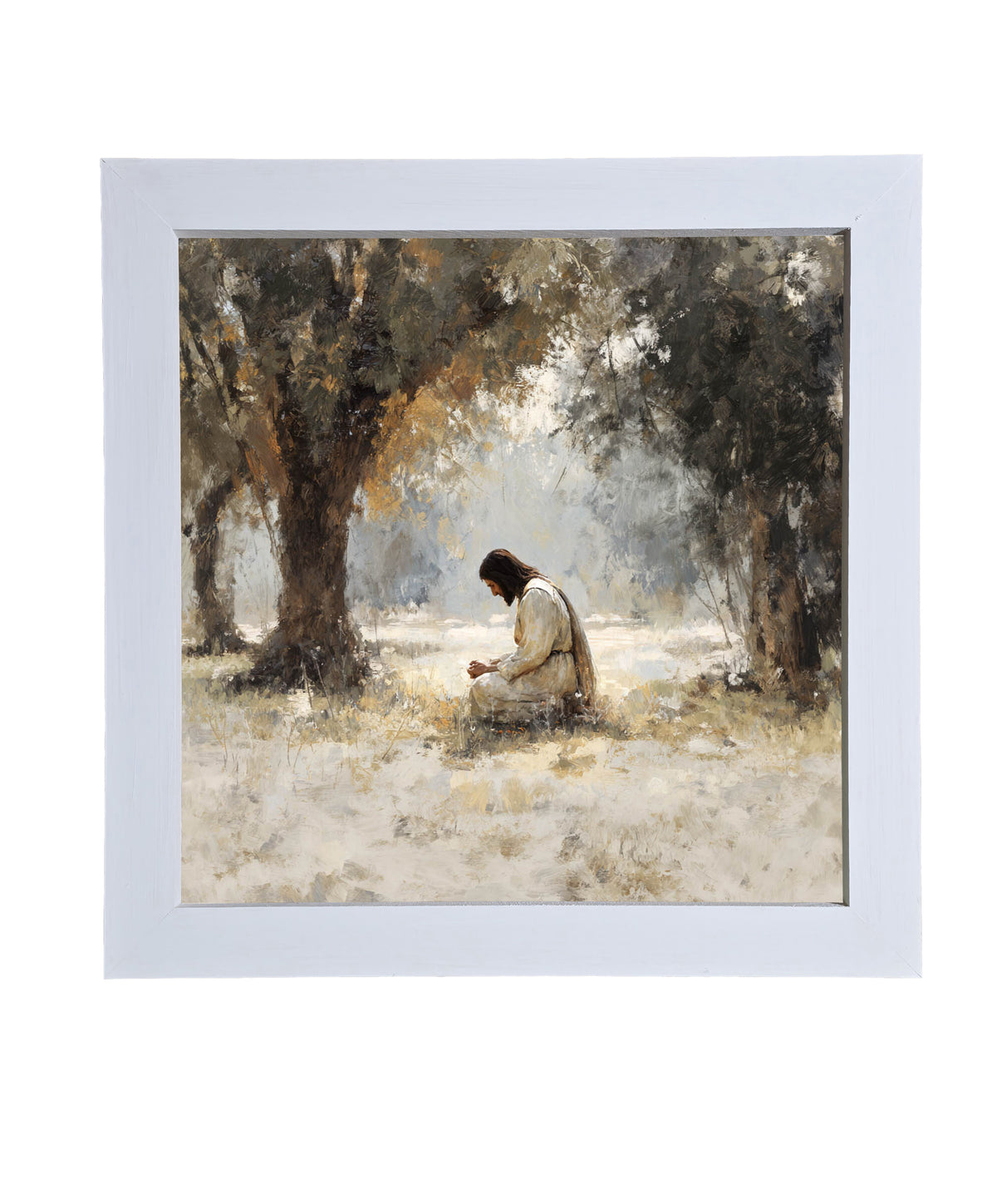 Serene painterly scene of Jesus kneeling in contemplation beneath olive trees in earth tones — product view 9