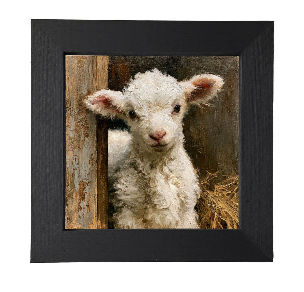 A fluffy white lamb stands amid straw and barn wood in a painterly, rustic scene. — product view 7