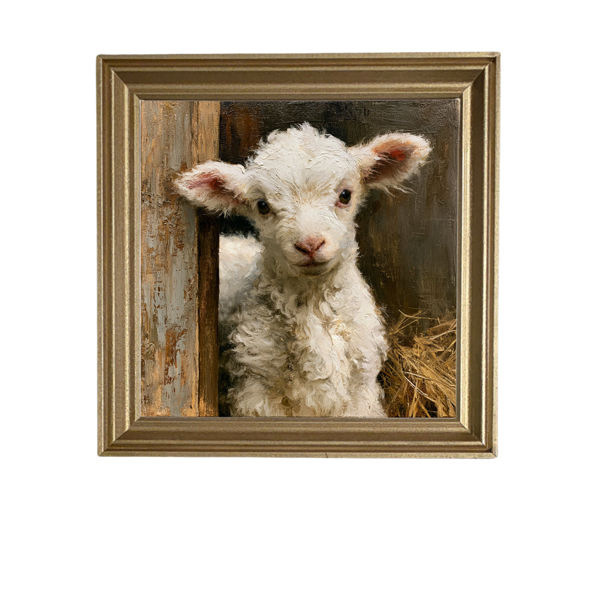 A fluffy white lamb stands amid straw and barn wood in a painterly, rustic scene. — product view 5