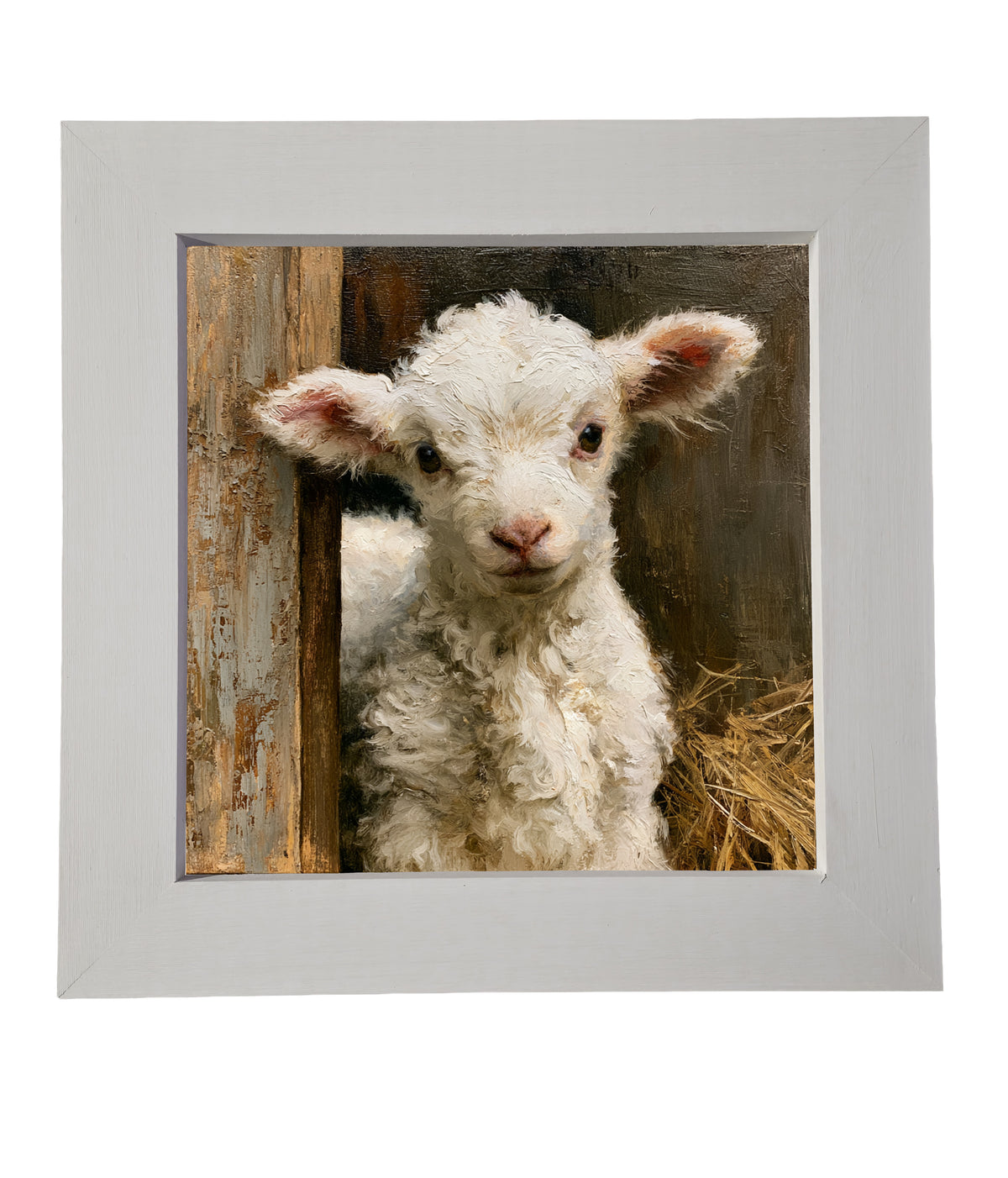 A fluffy white lamb stands amid straw and barn wood in a painterly, rustic scene. — product view 6