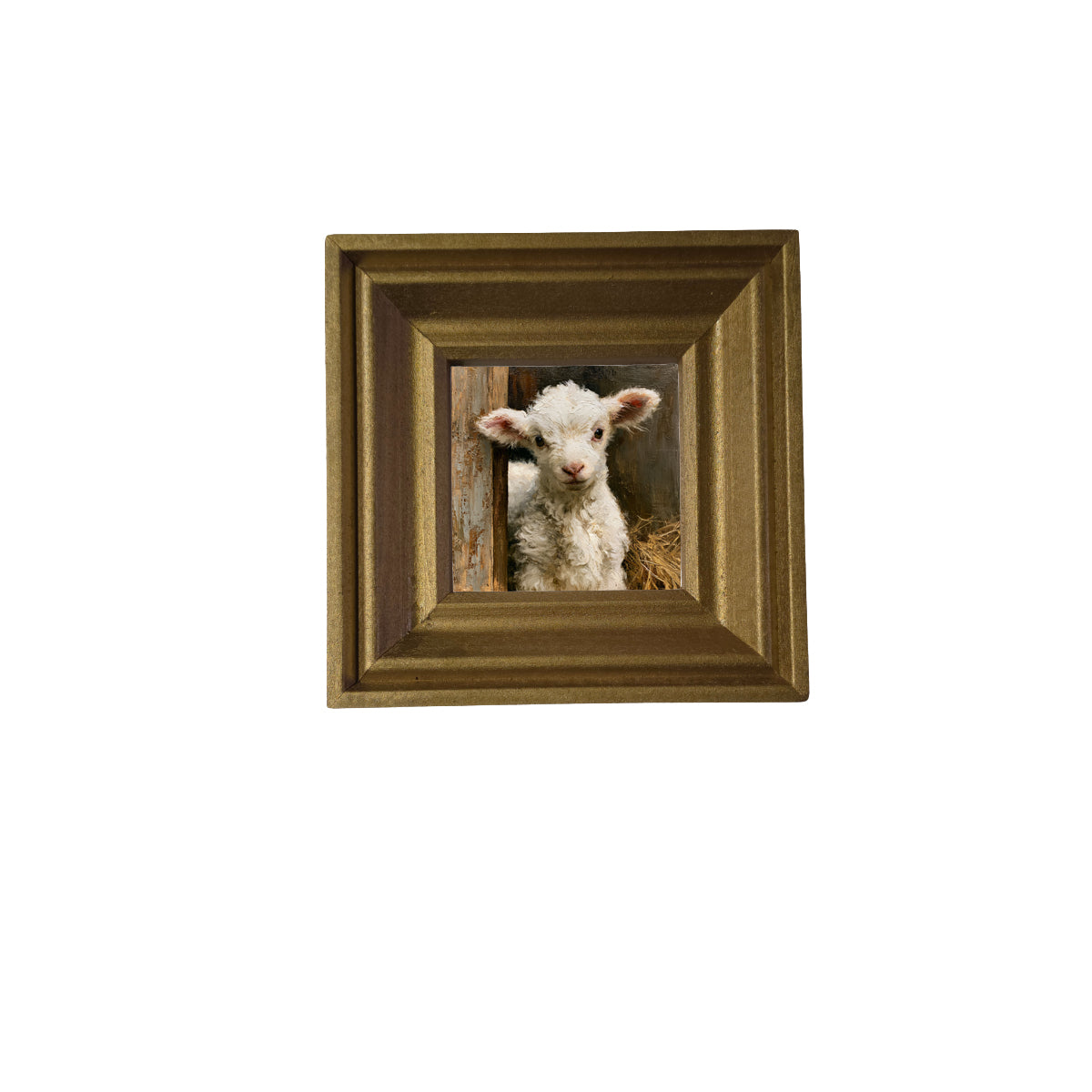 A fluffy white lamb stands amid straw and barn wood in a painterly, rustic scene.