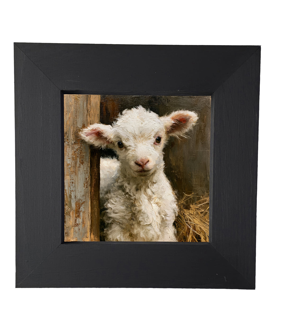 A fluffy white lamb stands amid straw and barn wood in a painterly, rustic scene. — product view 4