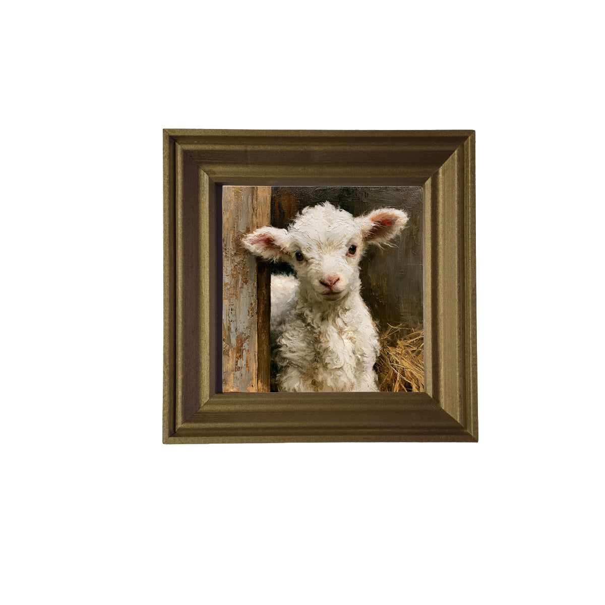 A fluffy white lamb stands amid straw and barn wood in a painterly, rustic scene. — product view 2